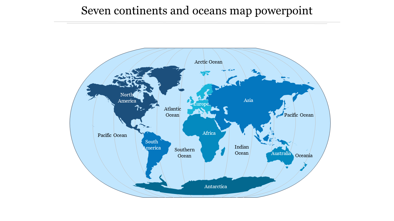 7 continents and oceans map powerpoint-blue